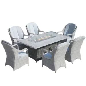 Direct Grey 7-Pieces Wicker Outdoor Fire Pit Dining Table Set Semicircle Rattan Chairs and Grey Cushions