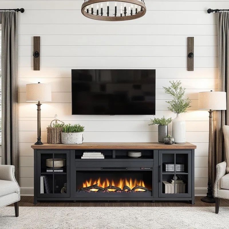 Brixham 97 inch Solid Wood Fireplace TV Stand Console for TVs up to 100 inches, Two-Tone Finish